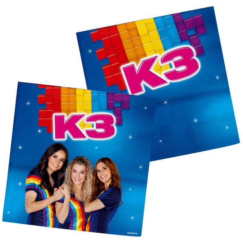 K3 servetten set met kleurrijk logo en groepsfoto op blauwe achtergrond K3 Servetten