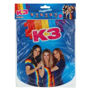 K3 vlaggenlijn verpakking met drie zangeressen en regenboog design