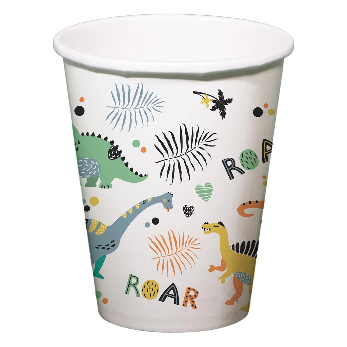 folat-bv-kartonnen-beker-dino-print-kinderfeestje kartonnen beker met dinosaurussen en bladeren voor kinderfeestje Papieren Bekers Dino Roars 250ml