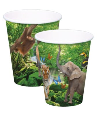 Kartonnen beker met jungle print en dieren zoals olifant, tijger en orang-oetan Safari Bekers