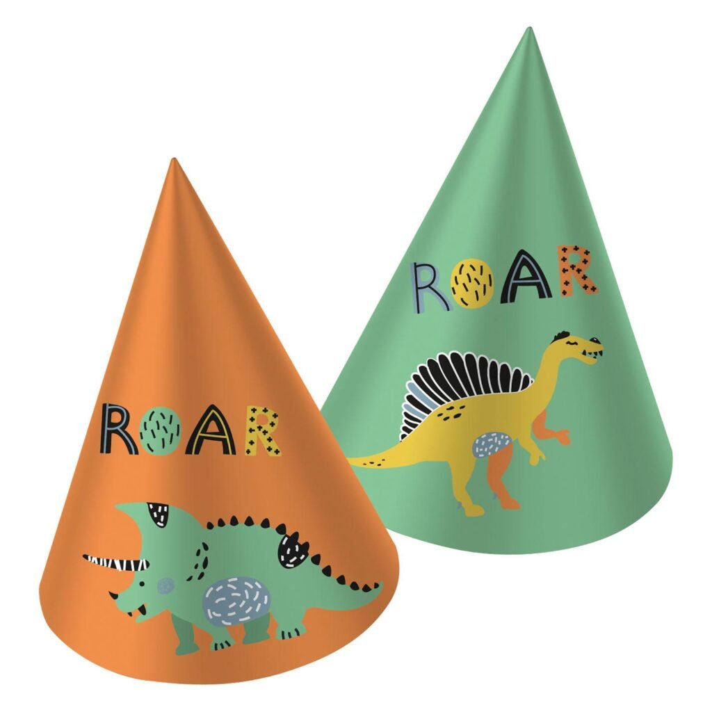 Kinderfeest hoedjes met dinosaurus illustraties en naam Roar Papieren Feesthoedjes Dino Roars