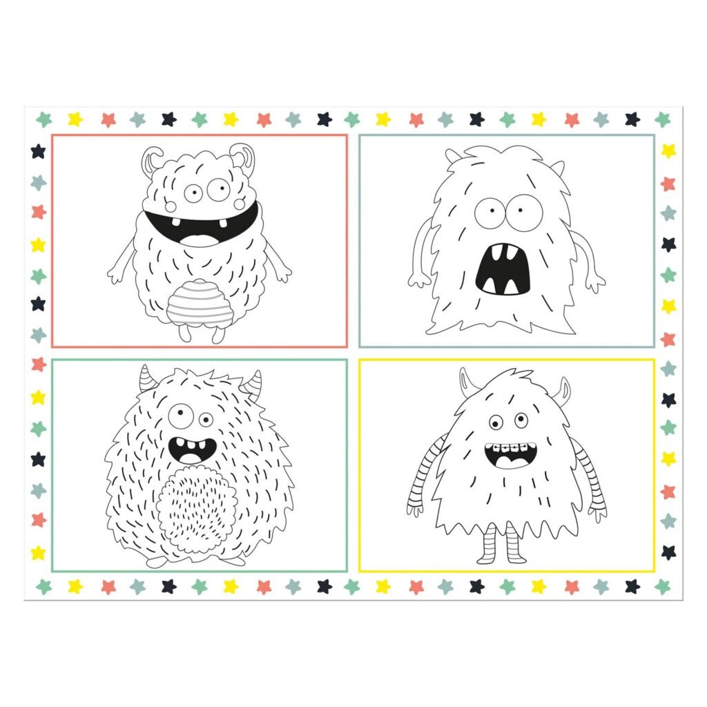 Kleurplaat met vier schattige monsters in zwart-wit voor kinderen Kleurplaat Placemat Monster Bash
