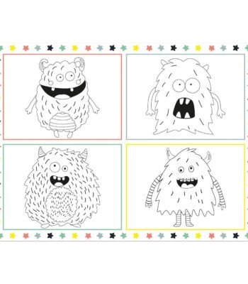 Kleurplaat met vier schattige monsters in zwart-wit voor kinderen Kleurplaat Placemat Monster Bash