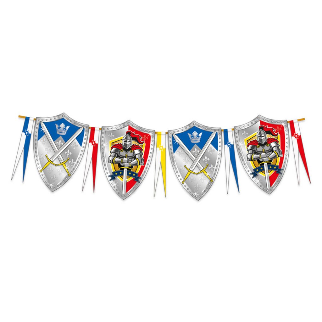 Middeleeuwse ridder slinger met schilden en zwaarden in rood, blauw en geel Vlaggenlijn Ridders