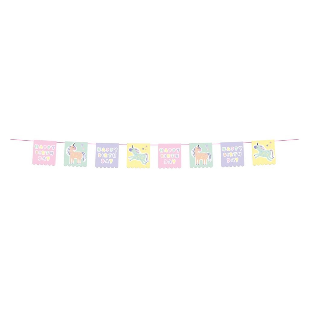 pastel eenhoorn happy birthday slinger met vlaggetjes Vlaggenlijn Unicorns Rainbows