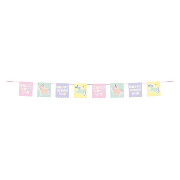 pastel eenhoorn happy birthday slinger met vlaggetjes Vlaggenlijn Unicorns Rainbows