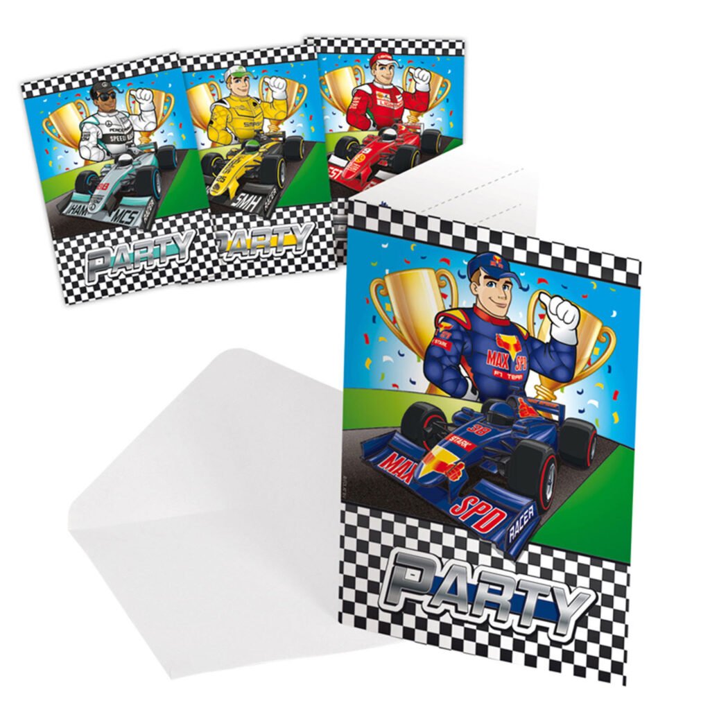 Race thema uitnodiging met cartoon Formule 1 coureur en raceauto met trofee en confetti Uitnodigingen Formule 1