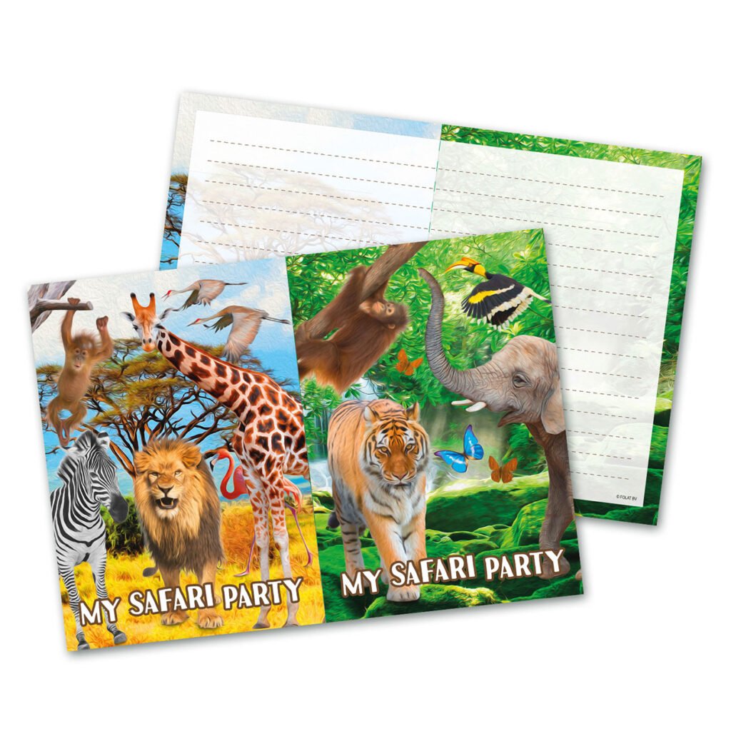Safari uitnodiging met jungle dieren zoals leeuw, giraffe, tijger en olifant voor kinderfeestje Safari Uitnodigingen