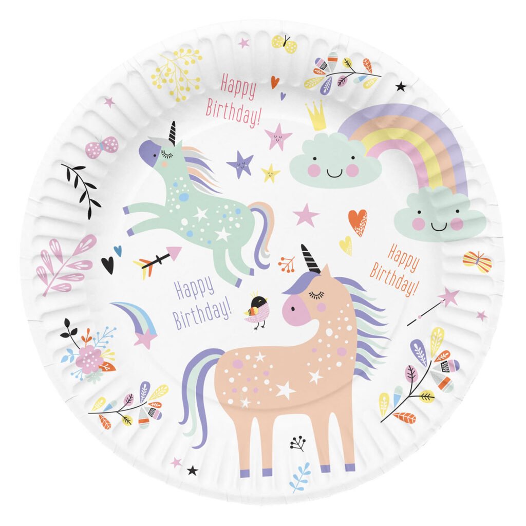 Kinderfeest unicorn papieren bord met regenboog en Happy Birthday print Borden Unicorns & Rainbows