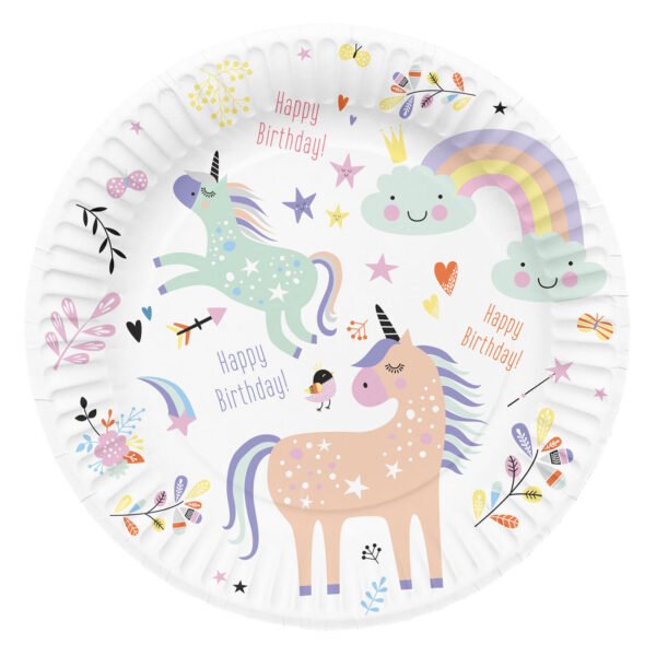 Kinderfeest unicorn papieren bord met regenboog en Happy Birthday print Borden Unicorns Rainbows
