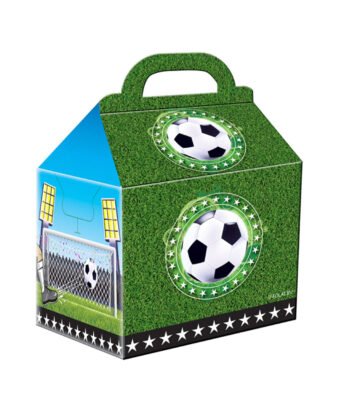 groene voetbal traktatie doos met handvat en voetbalprint Voetbal Uitdeelboxen