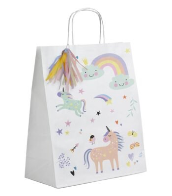 wit cadeautasje met unicorn regenboog en kleurrijke tassel Uitdeelzakjes Unicorns Rainbows
