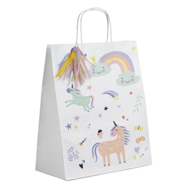 wit cadeautasje met unicorn regenboog en kleurrijke tassel Uitdeelzakjes Unicorns Rainbows