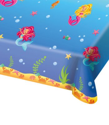 Speelse zeemeerminnen onder water met vissen, zeesterren en kleurrijke oceaan achtergrond Tafelkleed Zeemeermin