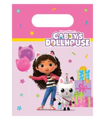 Gabby's Dollhouse meisje met kattenoortjes en ballonnen naast cadeaus en kat Uitdeelzakjes Papier Gabby's Poppenhuis