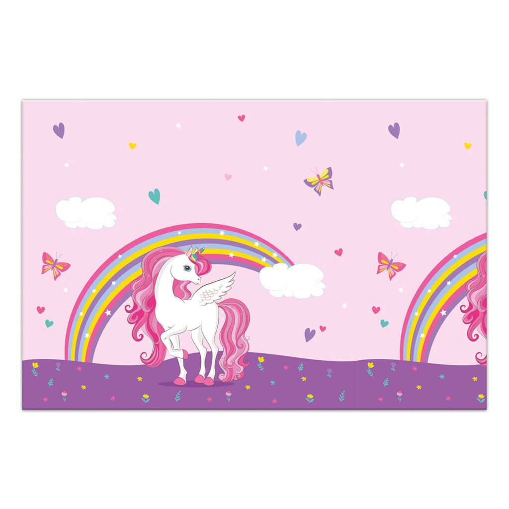 Schattige eenhoorn met regenboog, vlinders en hartjes op roze achtergrond Tafelkleed Eenhoorn Regenboog Kleuren