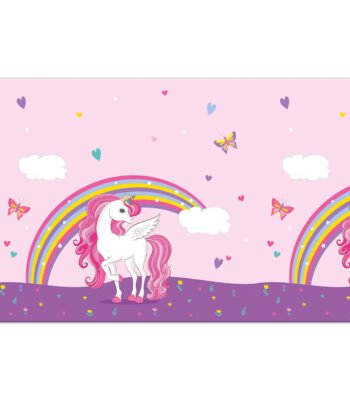 Schattige eenhoorn met regenboog, vlinders en hartjes op roze achtergrond Tafelkleed Eenhoorn Regenboog Kleuren