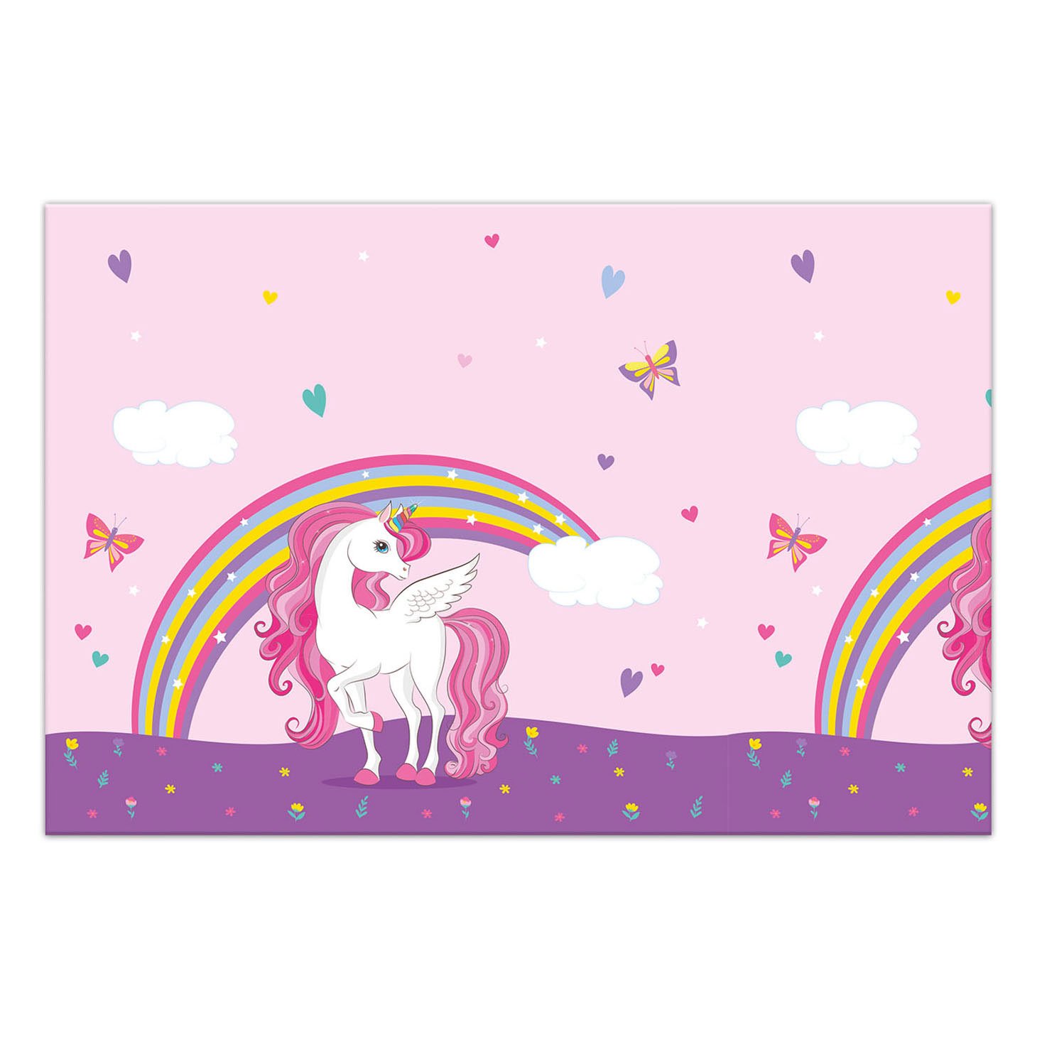 globos-eenhoorn-regenboog-roze-achtergrond-kinderen Schattige eenhoorn met regenboog, vlinders en hartjes op roze achtergrond Tafelkleed Eenhoorn Regenboog Kleuren