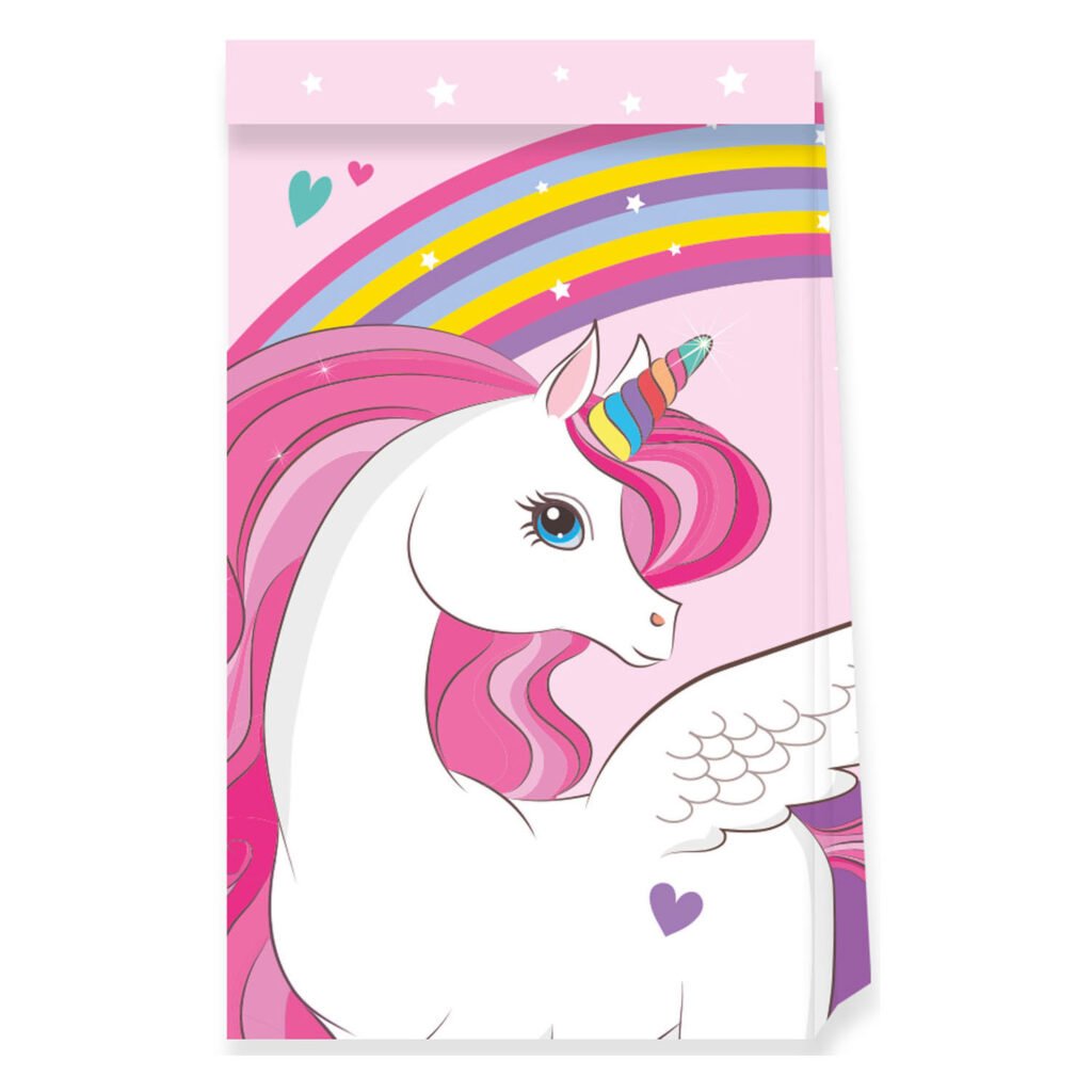 Schattige eenhoorn met regenboog en roze achtergrond illustratie Papieren Feestzakjes FSC Eenhoorn Regenboog Kleuren