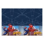 Spider-Man springt door de stad met web tegen blauwe achtergrond met spinnenwebpatroon Tafelkleed Spider-Man Crime Fighter,