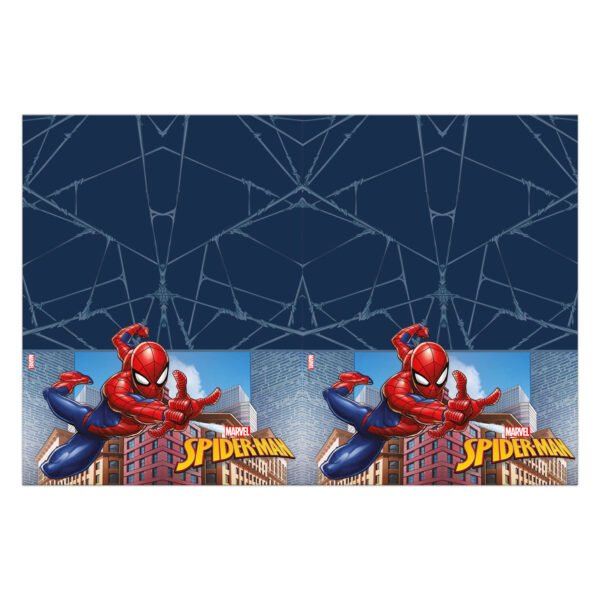 Spider-Man springt door de stad met web tegen blauwe achtergrond met spinnenwebpatroon Tafelkleed Spider-Man Crime Fighter,