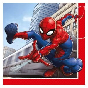 Spider-Man springt door de stad en schiet een web terwijl een trein op de achtergrond rijdt