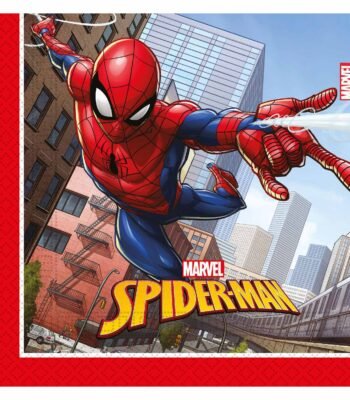 Spider-Man zwaait tussen wolkenkrabbers en schiet een web boven een drukke stadsstraat Papieren Servetten FSC Spider-Man