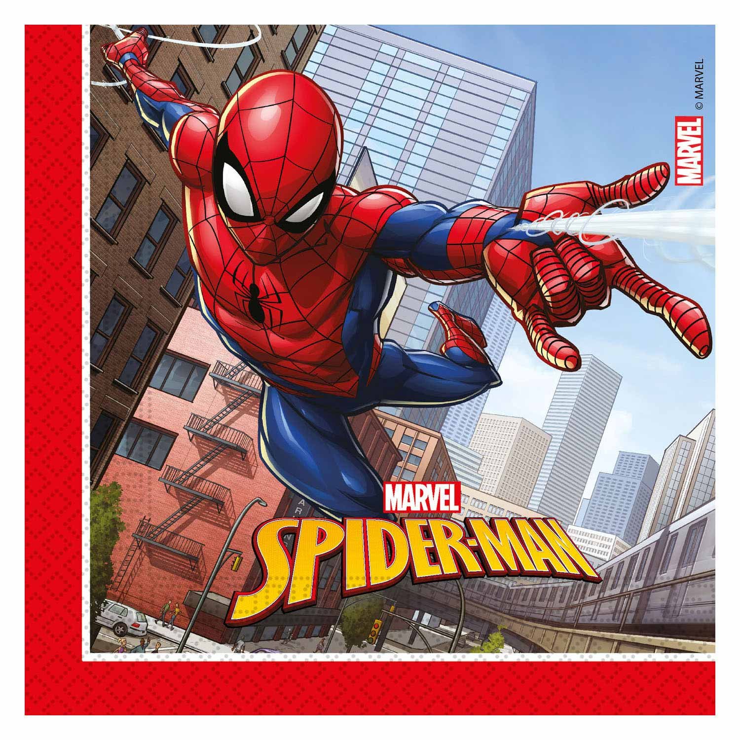 globos-spider-man-zwaait-wolkenkrabbers-stad-web-schieten Spider-Man zwaait tussen wolkenkrabbers en schiet een web boven een drukke stadsstraat Papieren Servetten FSC Spider-Man