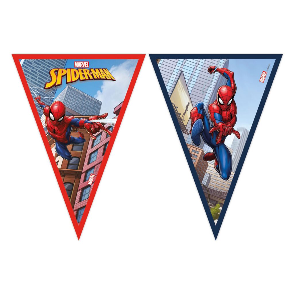 Spider-Man illustraties in driehoekige banners met actie poses tussen wolkenkrabbers Papieren Vlaggenlijn FSC Spider-Man 3m