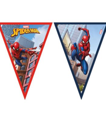 Spider-Man illustraties in driehoekige banners met actie poses tussen wolkenkrabbers Papieren Vlaggenlijn FSC Spider