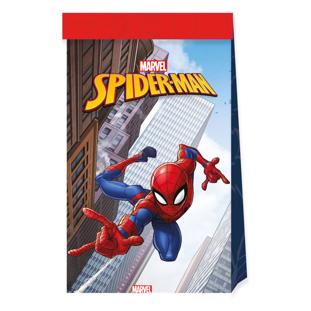 Spider-Man swingt door stad tussen hoge wolkenkrabbers Papieren Feestzakjes FSC Spider-Man