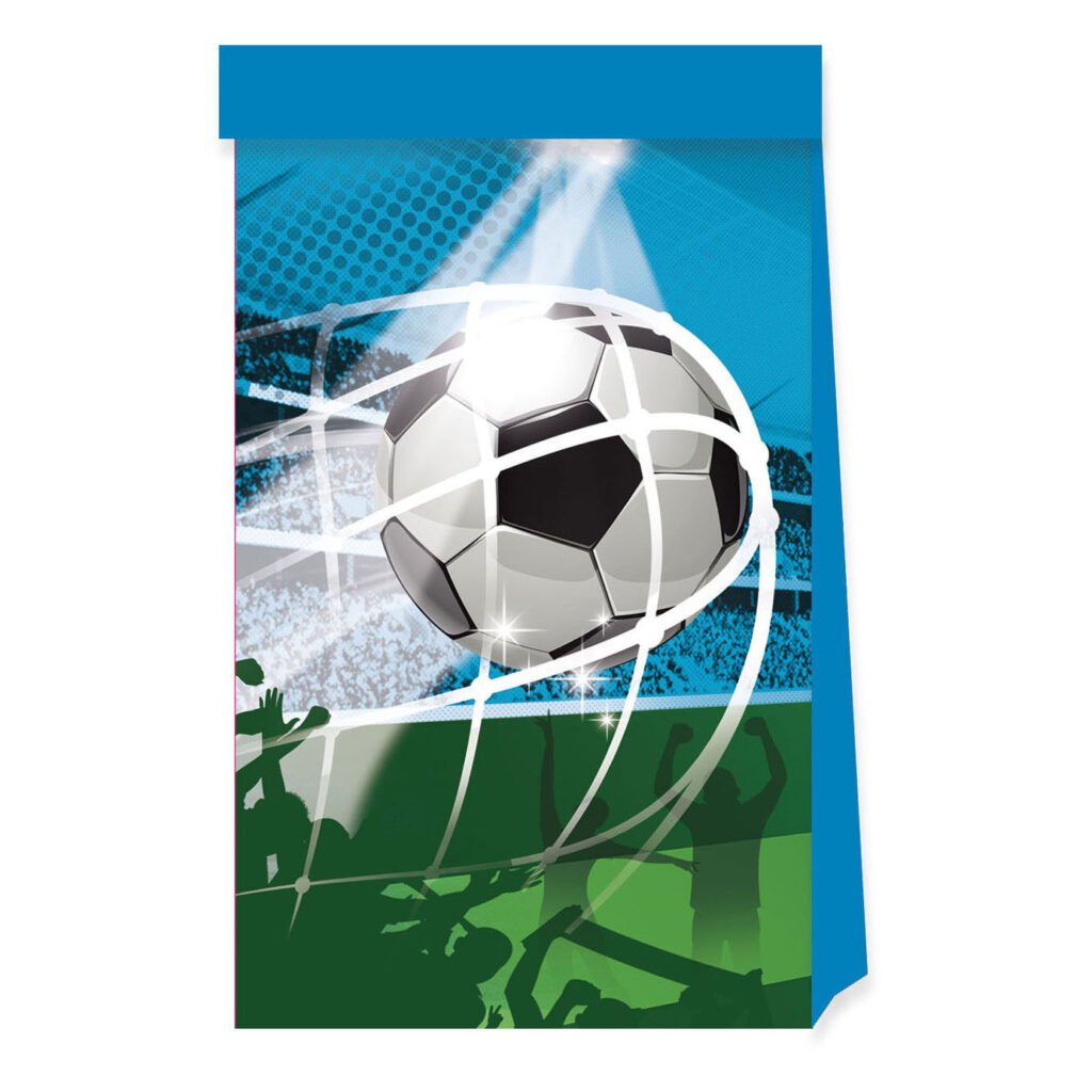 Voetbal in doel met stadionverlichting en juichende fans op de achtergrond Papieren Feestzakjes FSC Voetbal Fans