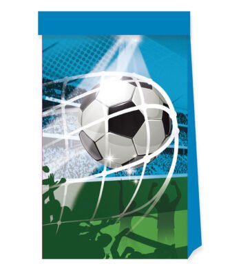 Voetbal in doel met stadionverlichting en juichende fans op de achtergrond Papieren Feestzakjes FSC Voetbal Fans