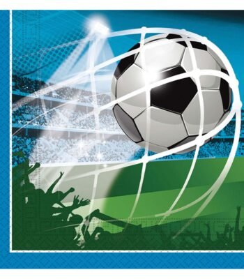 Voetbal in doel tijdens wedstrijd in verlicht stadion met juichende supporters Papieren Servetten FSC Voetbal Fans