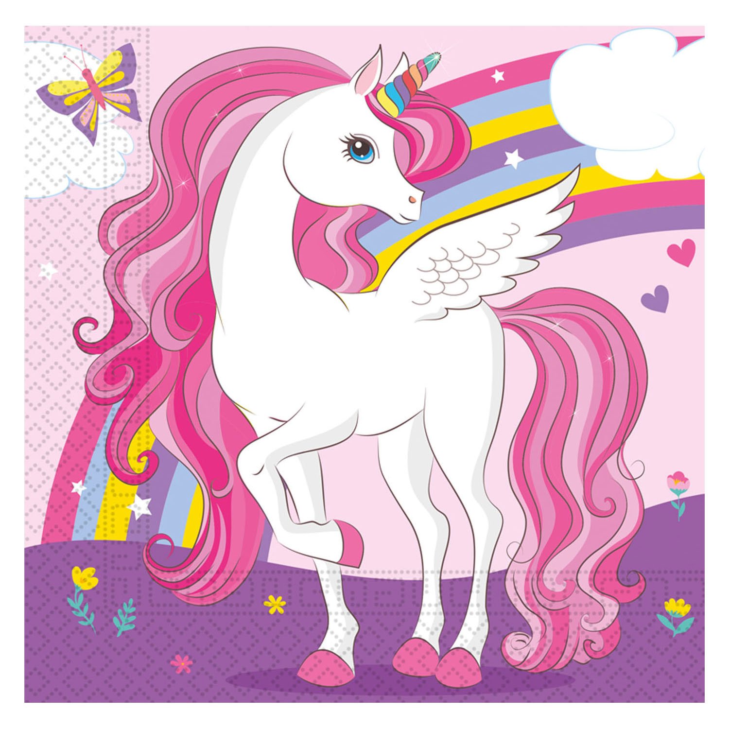 globos-witte-eenhoorn-roze-manen-vleugels-regenboog Schattige witte eenhoorn met roze manen en vleugels voor regenboog achtergrond Papieren Servetten FSC Eenhoorn Regenboog Kleuren