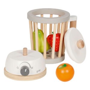 Houten speelgoed blender uit elkaar met losse fruitstukken