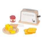 Houten speelgoed broodrooster set met toast, boter, mes en jam potje Goki Houten Broodrooster