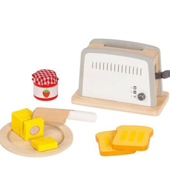 Houten speelgoed broodrooster set met toast, boter, mes en jam potje Goki Houten Broodrooster
