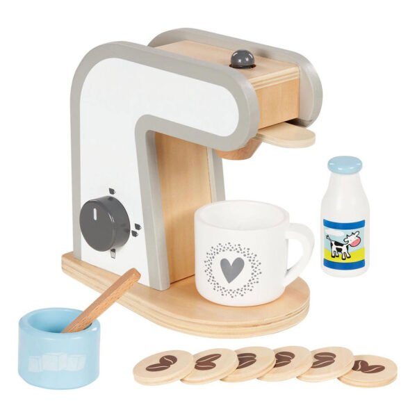houten speelgoed koffiemachine set met kopje melkfles en accessoires Goki Houten Koffiezetapparaat