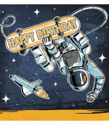 astronaut in ruimte met skateboard happy birthday illustratie Astronaut Servetten