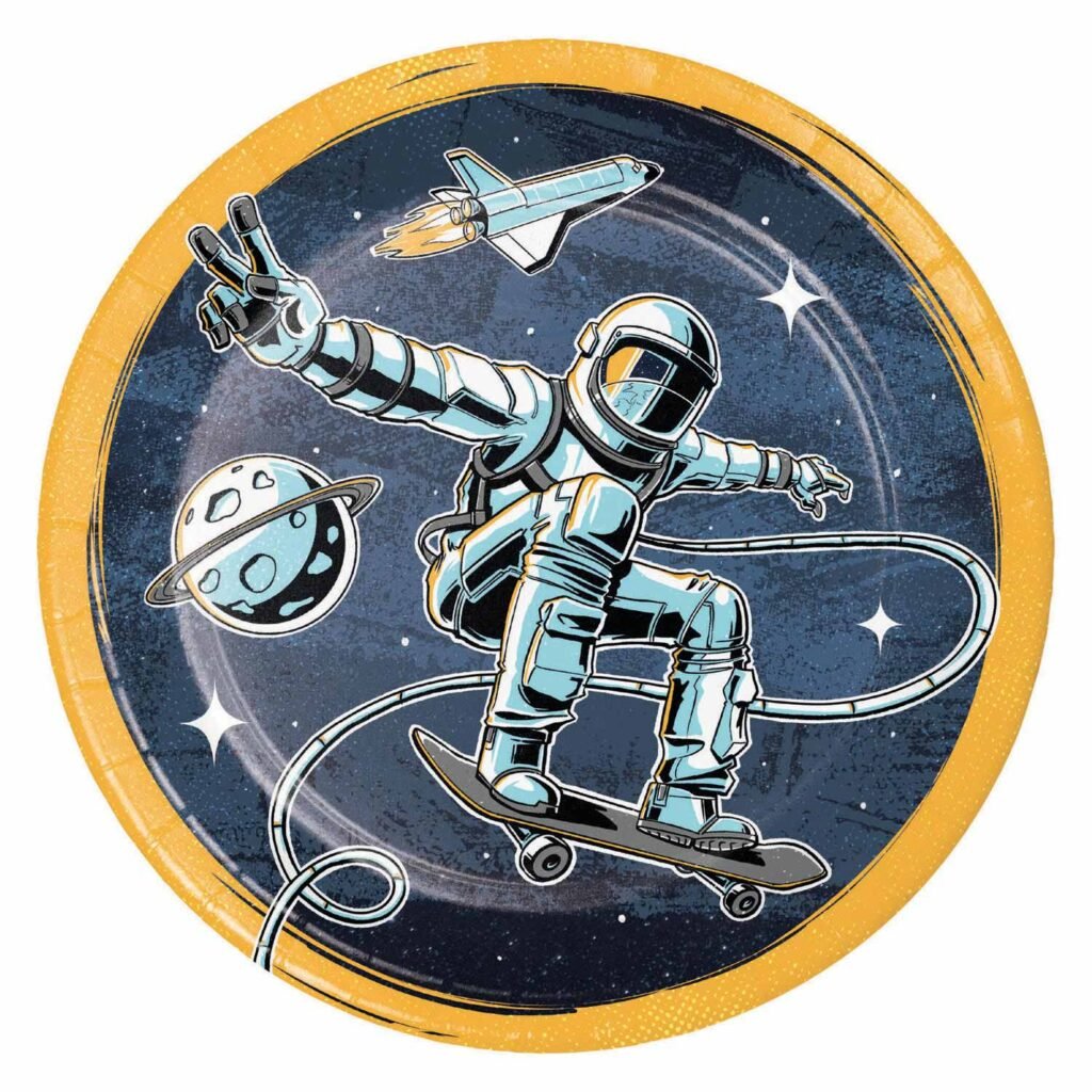 Astronaut op skateboard in de ruimte met raket en planeet illustratie Astronaut Bordjes
