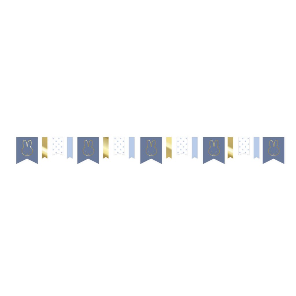 Blauwe en gouden slinger met konijntjes en vlaggetjes op witte achtergrond Nijntje Slinger Blauw