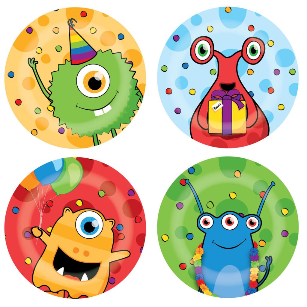 vier kleurrijke cartoon monsters met confetti en feestthema in ronde kaders Bordjes Monster Party