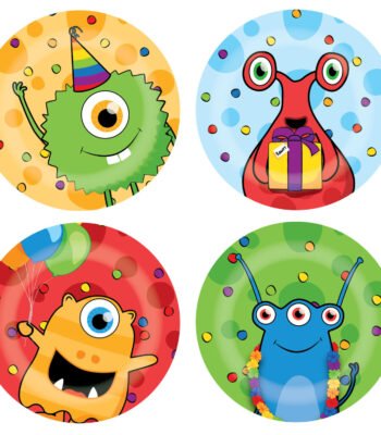 vier kleurrijke cartoon monsters met confetti en feestthema in ronde kaders Bordjes Monster Party