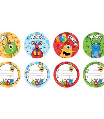 Set van ronde monster thema kinderfeestje stickers en uitnodigingen met confetti, ballonnen en party tekst in verschillende kleuren Uitnodigingen Monster Party