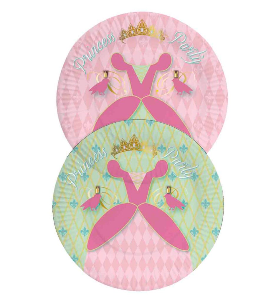 twee ronde prinsessen borden met roze jurk kroon en vogels illustratie" Borden Princess Party