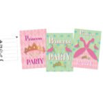 prinsessen uitnodigingen set roze en mintgroene party kaarten met kroon en jurk Uitnodigingen Princess Party