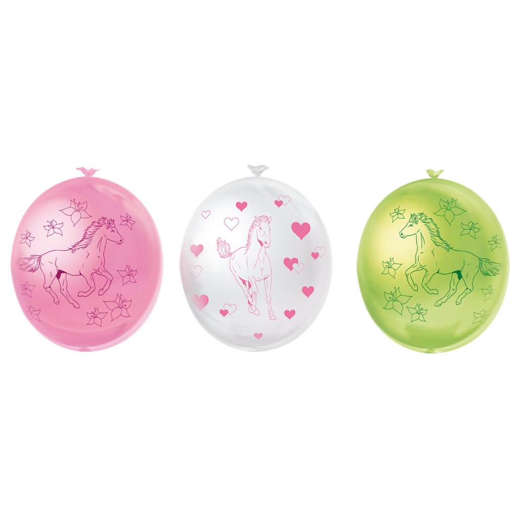 Drie kleurrijke springballen met paardenprint in roze, transparant en groen Ballonnen Paarden
