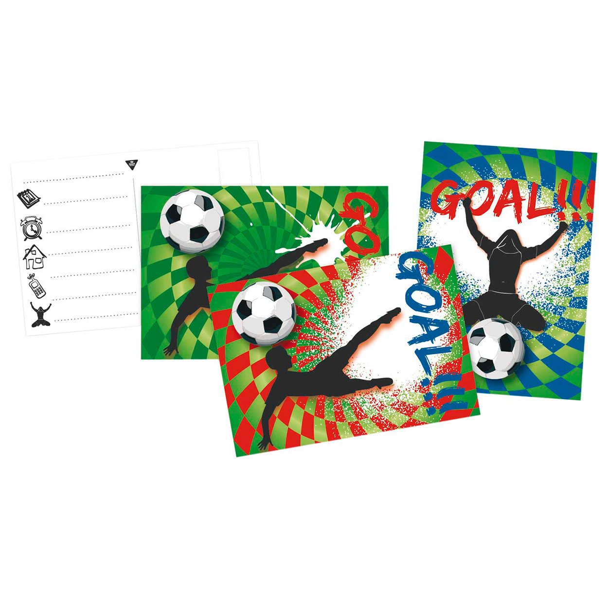 haza-witbaard-voetbalkaarten-silhouet-spelers-goal-dynamische-achtergrond Kleurrijke voetbalkaarten met silhouet spelers, bal en goal tekst op dynamische achtergrond Uitnodigingen Goal