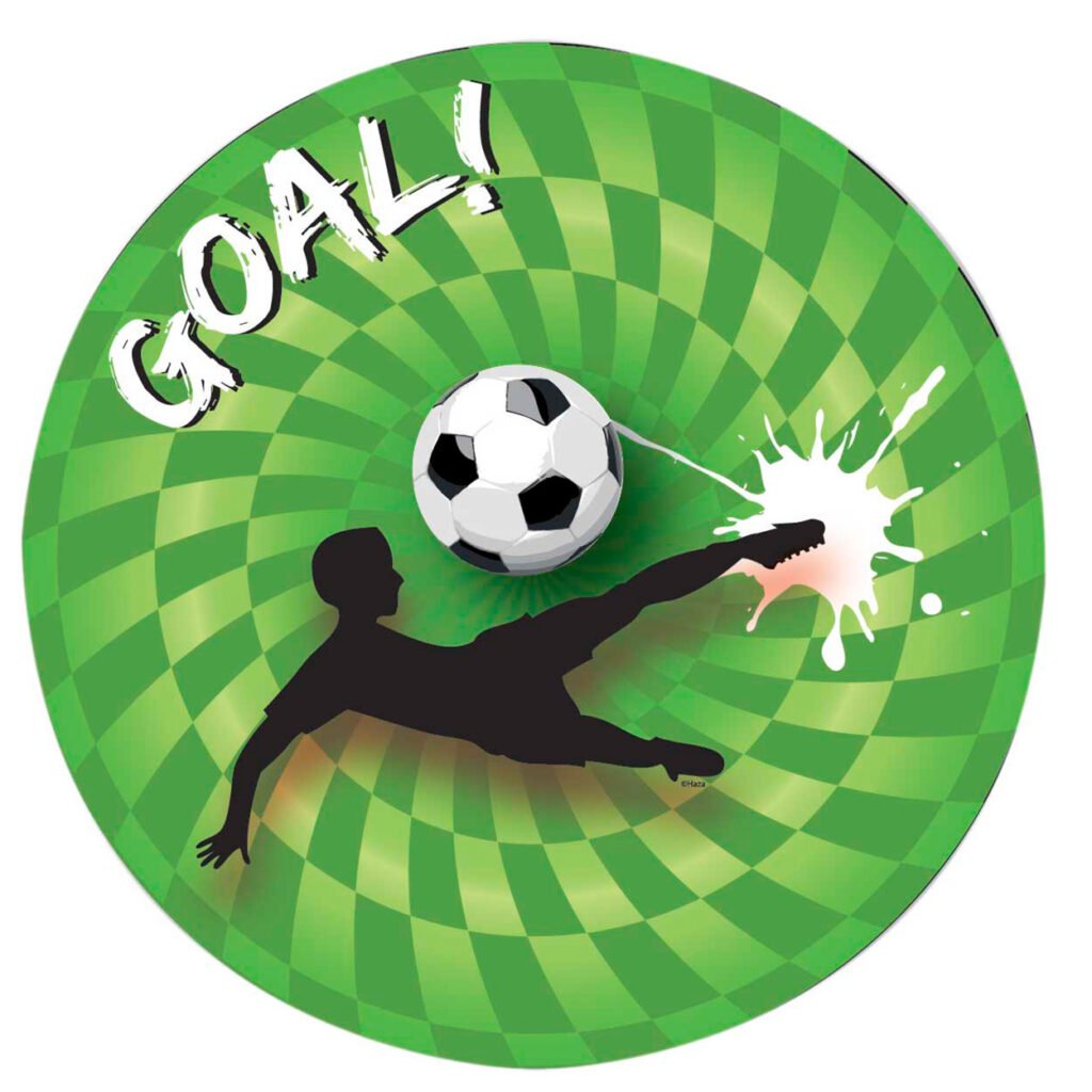 Silhouet van voetballer die een volley schiet met bal op groene abstracte achtergrond met tekst goal Borden Goal